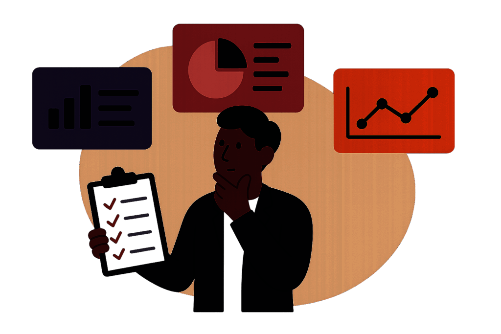 Illustration of a person comparing three CRM dashboard options