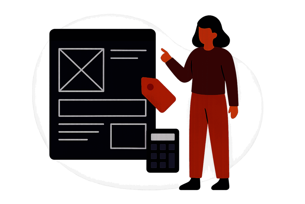 Illustration of a person pointing at a website wireframe next to a price tag and calculator